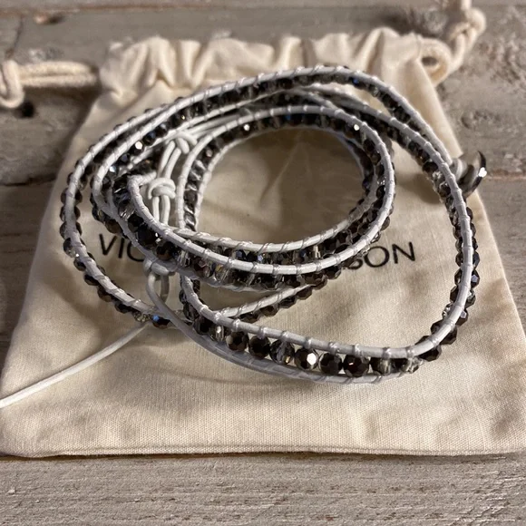 Victoria Emerson WRAP BRACELET White Leather Gray/Brown Crystal Mix REG $58 - Picture 3 of 3